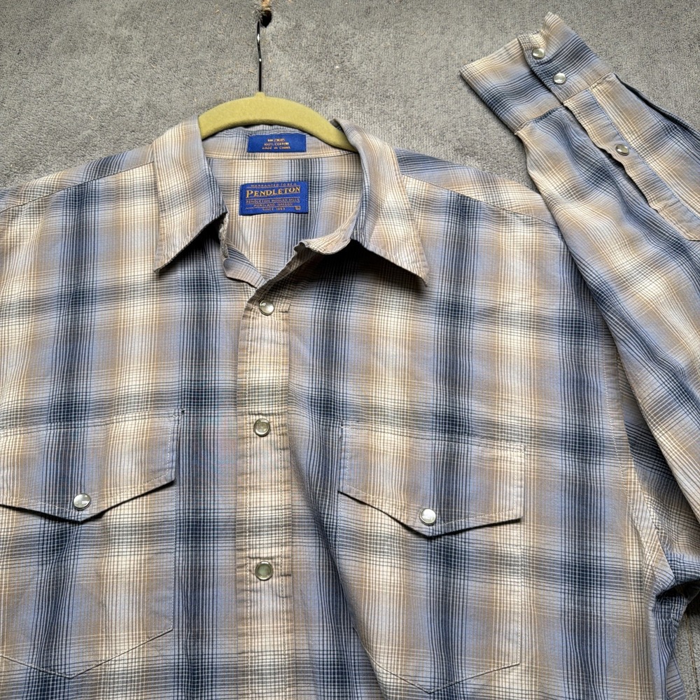 Pendleton Mens‎ Western Shirt Pearl Snap Plaid Blue Tan Cotton Large